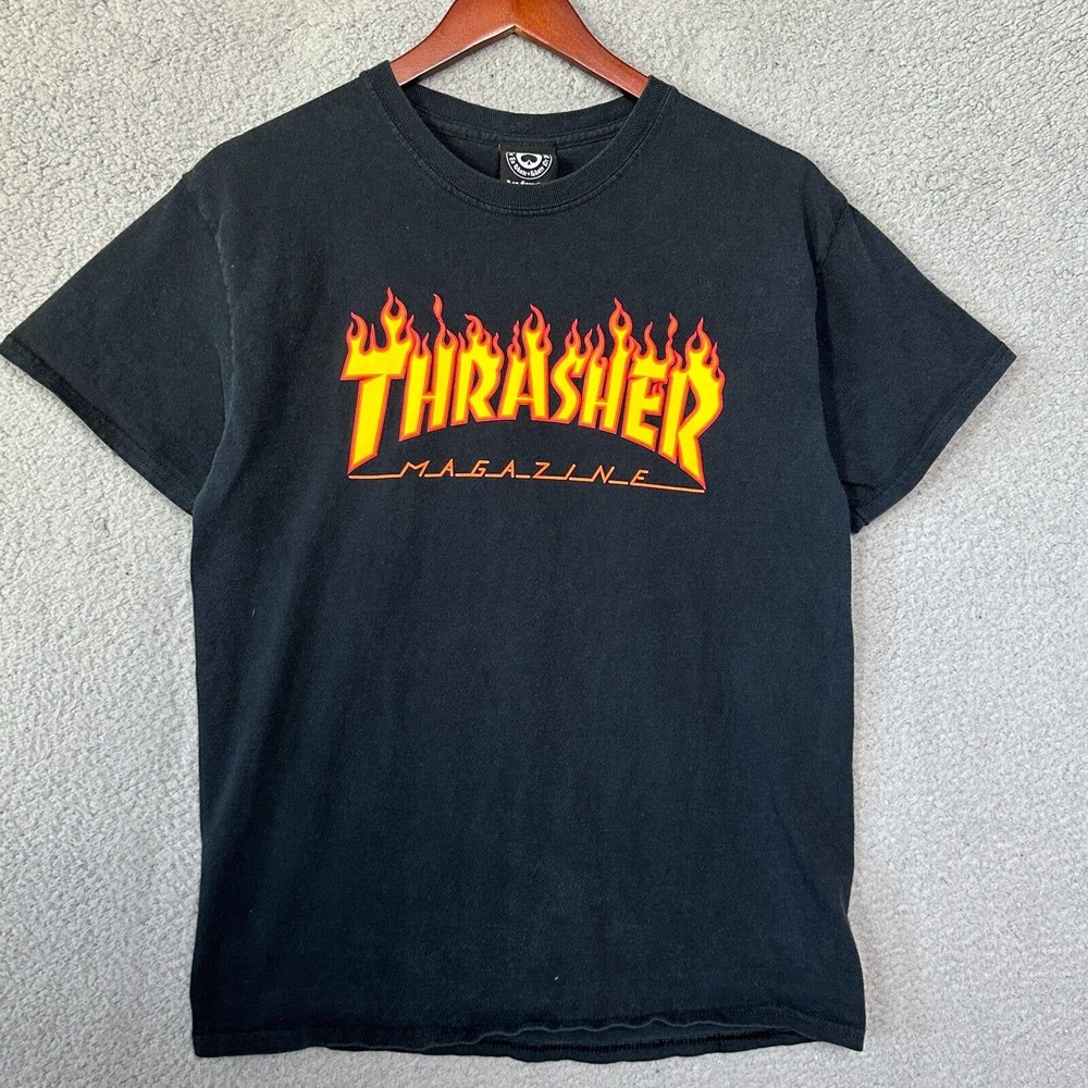 Thrasher Shirt Adult Medium Black Orange Flames Fire Skater Short Sleeve Casual